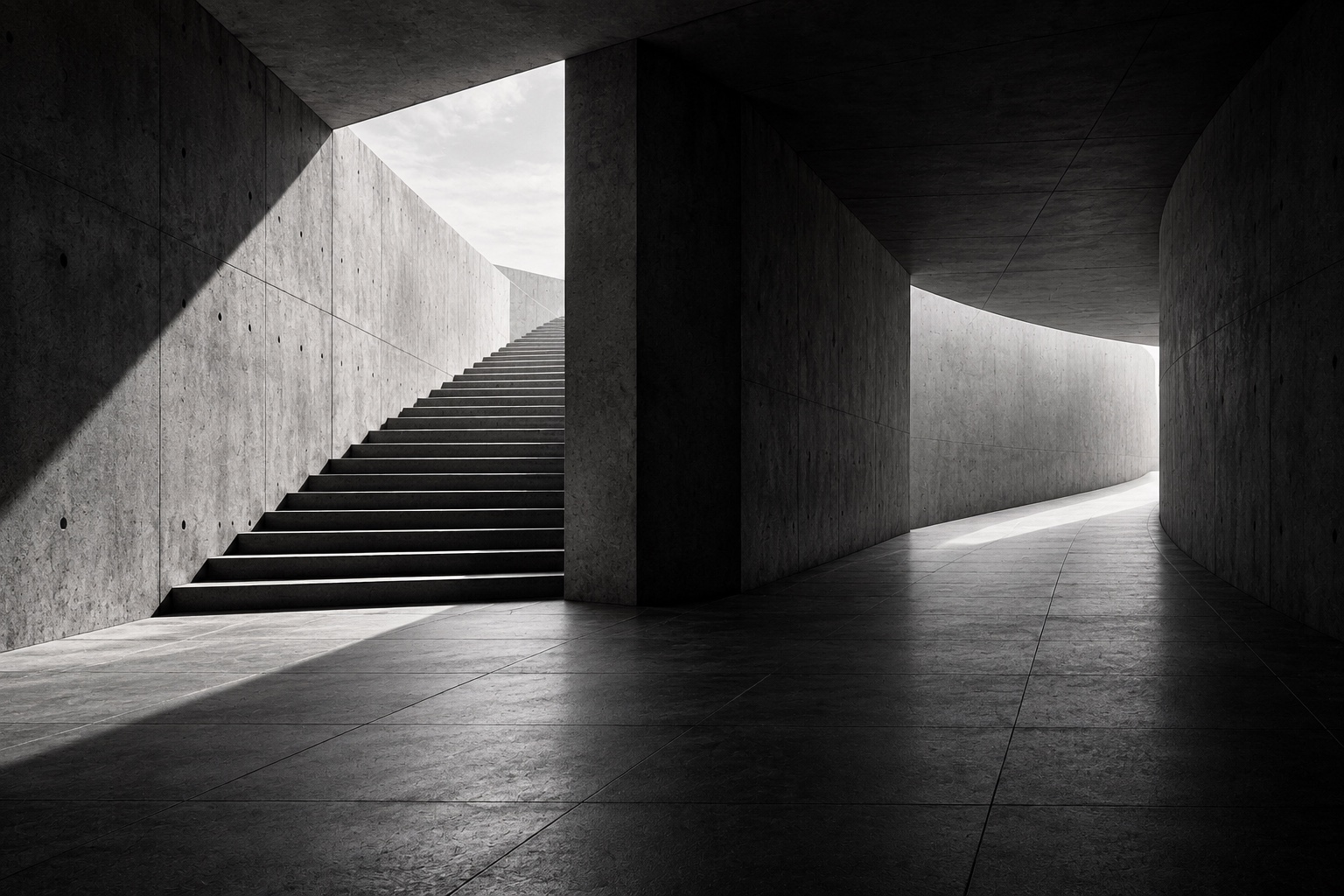 Black-and-white architectural passage opening towards two possible directions