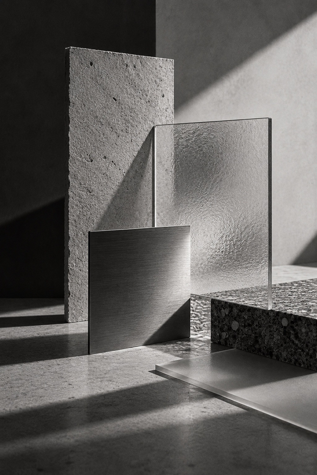 Black-and-white study of contrasting material samples, texture and transparency