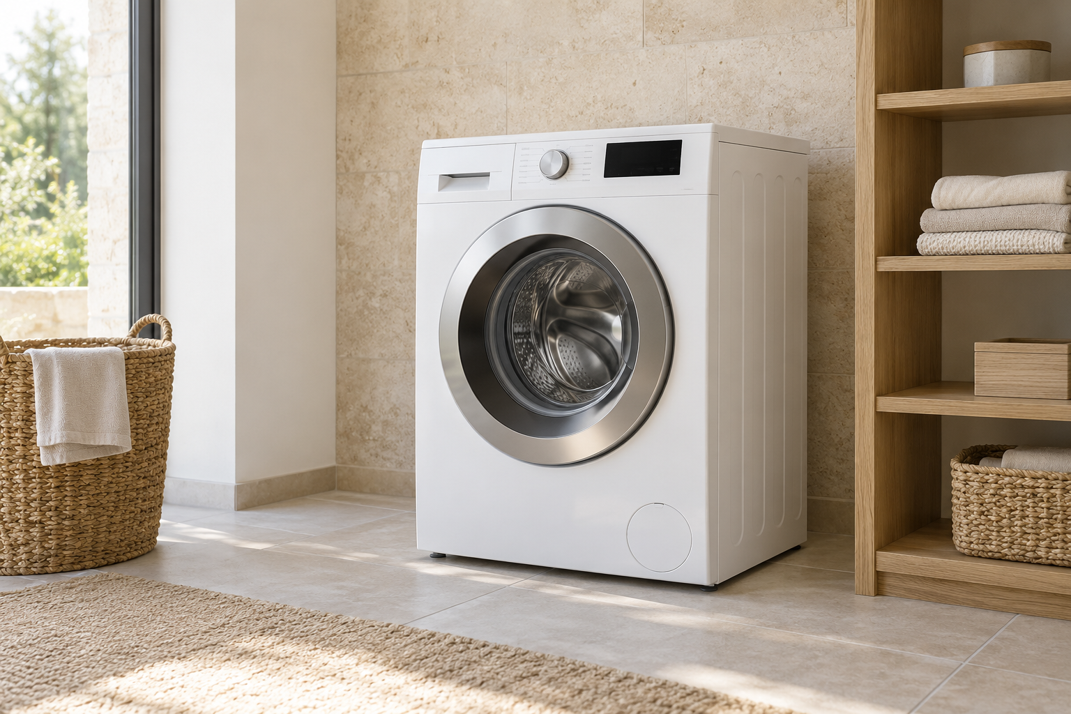 White front-loading washing machine in a bright utility room with natural wood and folded linen