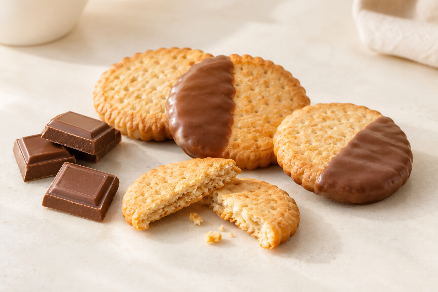 Golden biscuits, half-dipped chocolate biscuits and milk chocolate in natural daylight